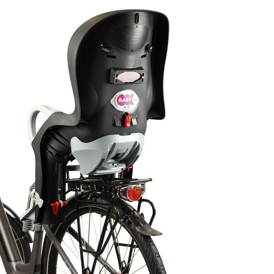 OK Baby Seggiolino bici per bambini 10+ da 9 mesi fino a 22 kg con imbottitura sedile, protezione gambe e piedi, schienale regolabile incl. fissaggio - Nero con inserto grigio