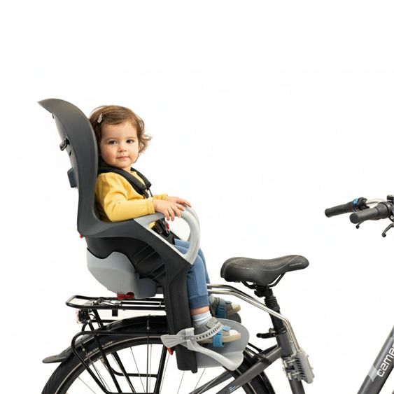 OK Baby Seggiolino bici per bambini 10+ da 9 mesi fino a 22 kg con imbottitura sedile, protezione gambe e piedi, schienale regolabile incl. fissaggio - Nero con inserto grigio