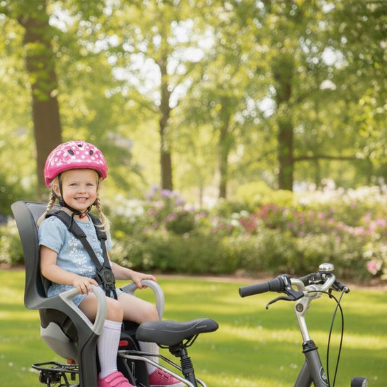 OK Baby Seggiolino bici per bambini 10+ da 9 mesi fino a 22 kg con imbottitura sedile, protezione gambe e piedi, schienale regolabile incl. fissaggio - Nero con inserto grigio