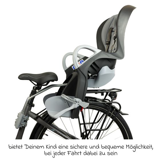 OK Baby Seggiolino bici per bambini 10+ da 9 mesi fino a 22 kg con imbottitura sedile, protezione gambe e piedi, schienale regolabile incl. fissaggio - Nero con inserto grigio