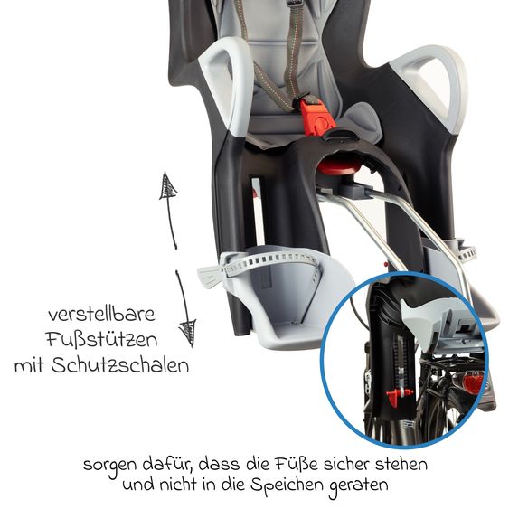 OK Baby Seggiolino bici per bambini 10+ da 9 mesi fino a 22 kg con imbottitura sedile, protezione gambe e piedi, schienale regolabile incl. fissaggio - Nero con inserto grigio