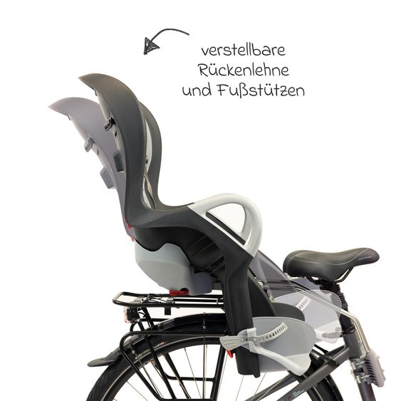 OK Baby Seggiolino bici per bambini 10+ da 9 mesi fino a 22 kg con imbottitura sedile, protezione gambe e piedi, schienale regolabile incl. fissaggio - Nero con inserto grigio