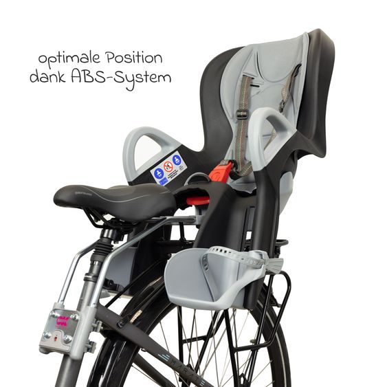 OK Baby Seggiolino bici per bambini 10+ da 9 mesi fino a 22 kg con imbottitura sedile, protezione gambe e piedi, schienale regolabile incl. fissaggio - Nero con inserto grigio