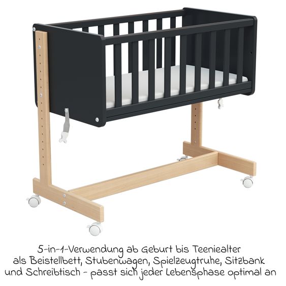 Osann Beistell- und Multifunktionsbett 5in1 mit Rollen inkl. Matratze - Bett, Sitzbank, Stubenwagen, Schreibtisch & Spielzeugtruhe in einem - Natur-Graphit