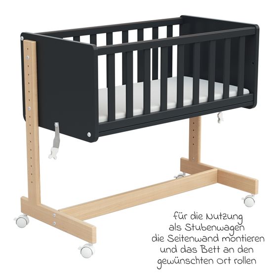 Osann Beistell- und Multifunktionsbett 5in1 mit Rollen inkl. Matratze - Bett, Sitzbank, Stubenwagen, Schreibtisch & Spielzeugtruhe in einem - Natur-Graphit