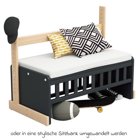 Osann Beistell- und Multifunktionsbett 5in1 mit Rollen inkl. Matratze - Bett, Sitzbank, Stubenwagen, Schreibtisch & Spielzeugtruhe in einem - Natur-Graphit