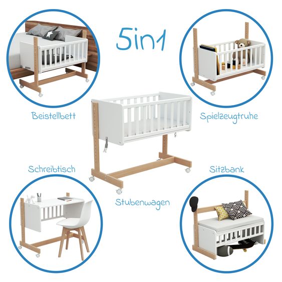 Osann Beistell- und Multifunktionsbett 5in1 mit Rollen inkl. Matratze - Bett, Sitzbank, Stubenwagen, Schreibtisch & Spielzeugtruhe in einem - Natur-Weiß