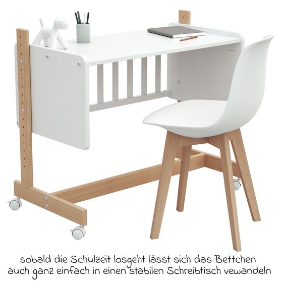 Osann Beistell- und Multifunktionsbett 5in1 mit Rollen inkl. Matratze - Bett, Sitzbank, Stubenwagen, Schreibtisch & Spielzeugtruhe in einem - Natur-Weiß