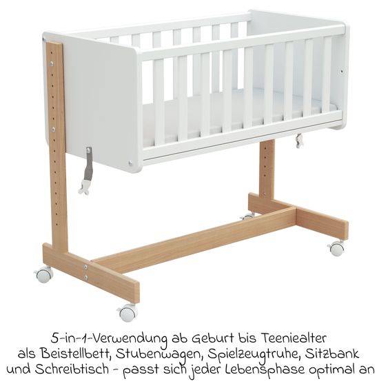 Osann Beistell- und Multifunktionsbett 5in1 mit Rollen inkl. Matratze - Bett, Sitzbank, Stubenwagen, Schreibtisch & Spielzeugtruhe in einem - Natur-Weiß