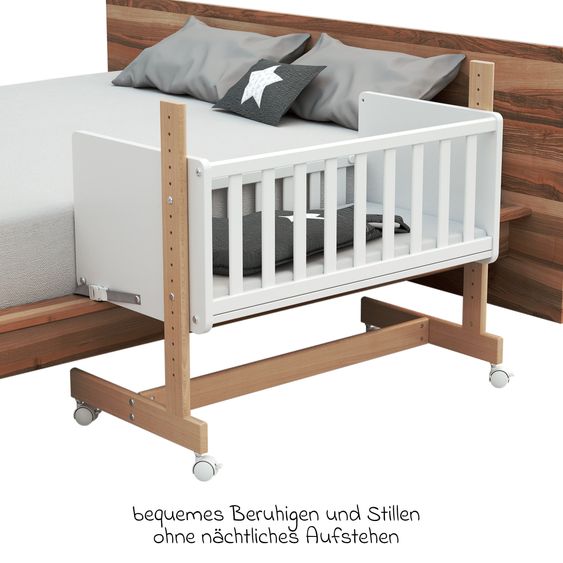Osann Beistell- und Multifunktionsbett 5in1 mit Rollen inkl. Matratze - Bett, Sitzbank, Stubenwagen, Schreibtisch & Spielzeugtruhe in einem - Natur-Weiß