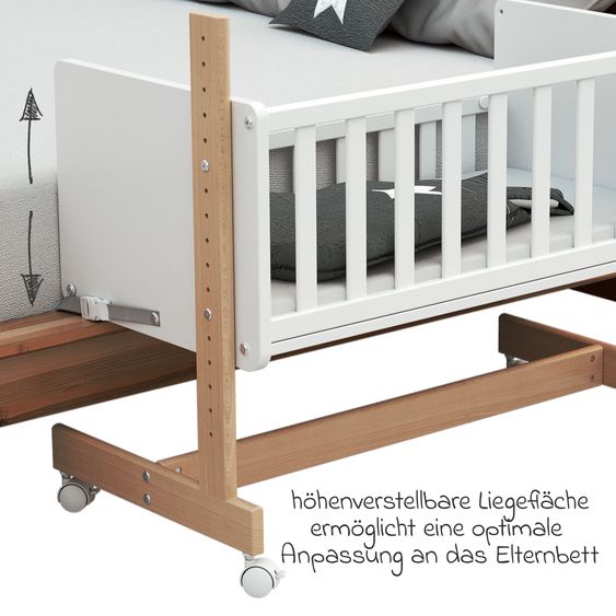 Osann Beistell- und Multifunktionsbett 5in1 mit Rollen inkl. Matratze - Bett, Sitzbank, Stubenwagen, Schreibtisch & Spielzeugtruhe in einem - Natur-Weiß