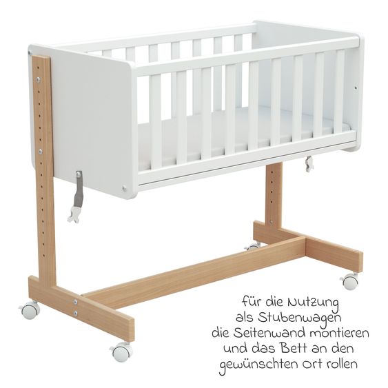 Osann Beistell- und Multifunktionsbett 5in1 mit Rollen inkl. Matratze - Bett, Sitzbank, Stubenwagen, Schreibtisch & Spielzeugtruhe in einem - Natur-Weiß