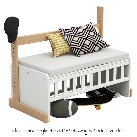 Osann Beistell- und Multifunktionsbett 5in1 mit Rollen inkl. Matratze - Bett, Sitzbank, Stubenwagen, Schreibtisch & Spielzeugtruhe in einem - Natur-Weiß