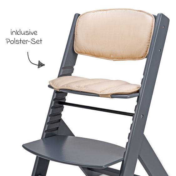 Osann Highchair Jill with safety bar, crotch strap and 3-point harness incl. cushion set cream - gray