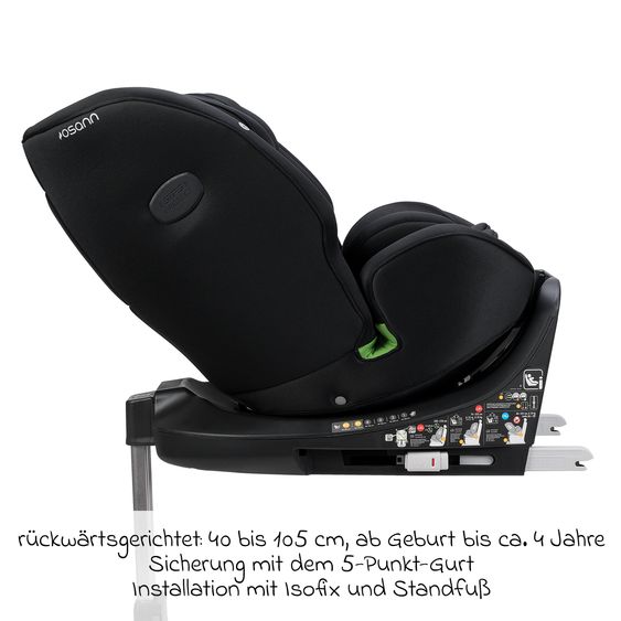 Osann Reboarder-Kindersitz One 360 SL i-Size drehbar ab Geburt - 12 Jahre (40 cm - 150 cm) inkl. Isofix-Basis mit Stützfuß - All Black