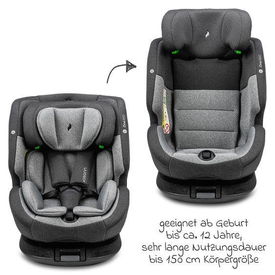 Osann Reboarder-Kindersitz One360 i-Size ab Geburt - 12 Jahre (40 cm - 150 cm) 360° drehbar mit Isofix-Basis & Top-Tether - Universe Grey