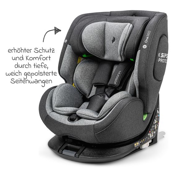 Osann Reboarder-Kindersitz One360 i-Size ab Geburt - 12 Jahre (40 cm - 150 cm) 360° drehbar mit Isofix-Basis & Top-Tether - Universe Grey