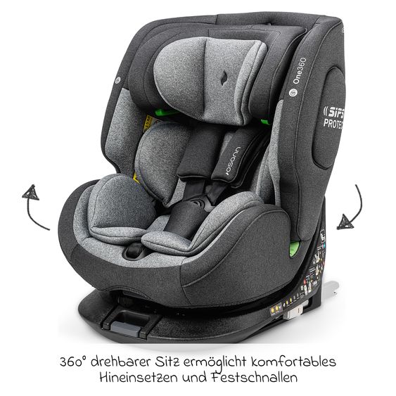 Osann Reboarder-Kindersitz One360 i-Size ab Geburt - 12 Jahre (40 cm - 150 cm) 360° drehbar mit Isofix-Basis & Top-Tether - Universe Grey