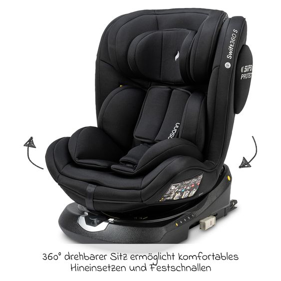 Osann Reboarder-Kindersitz Swift360 S i-Size ab 15 Monate - 12 Jahre (76 cm - 150 cm) 360° drehbar mit Isofix-Basis & Top-Tether - All Black