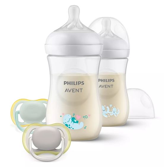 Philips Avent Set iniziale di 4 pezzi Natural Response - 2 biberon in PP con tettarelle in silicone + 2 succhietti Ultra Air 0-6M - mondo sommerso