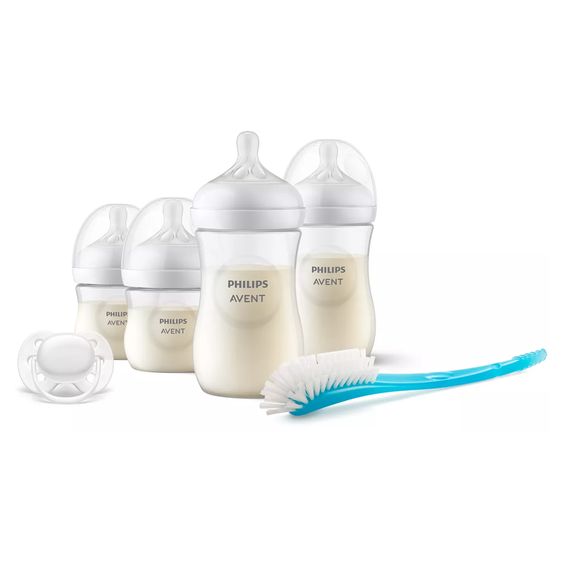 Philips Avent 6-tlg. Neugeborenen-Starter-Set Natural Response - 4 PP-Flaschen mit Silikon-Sauger + Schnuller Ultra Soft 0-6M + Flaschenbürste