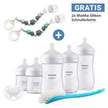 Set iniziale neonato Natural Response da 7 pezzi + catena portaciuccio 2x GRATUITA / 5 biberon in PP con tettarella in silicone + ciuccio Ultra Soft 0-6M + spazzola per biberon