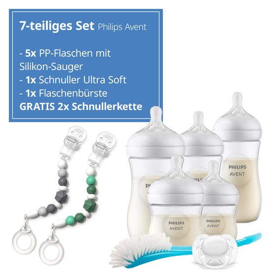 Philips Avent 7-tlg. Neugeborenen-Starter-Set Natural Response + GRATIS 2x Schnullerkette / 5 PP-Flaschen mit Silikon-Sauger + Schnuller Ultra Soft 0-6M + Flaschenbürste