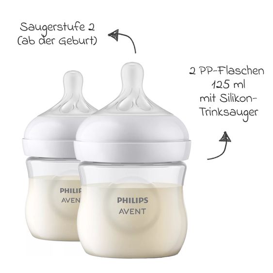 Philips Avent 7-tlg. Neugeborenen-Starter-Set Natural Response + GRATIS 2x Schnullerkette / 5 PP-Flaschen mit Silikon-Sauger + Schnuller Ultra Soft 0-6M + Flaschenbürste