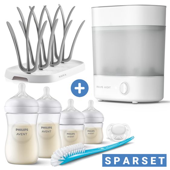 Philips Avent 8-tlg. Starter-Set inkl. Dampfsterilisator 2-in-1 + Abtropfständer + 4 PP-Flaschen + Flaschenbürste + Schnuller