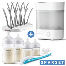 Set iniziale di 8 pezzi, incluso sterilizzatore a vapore 2 in 1 + scolapasta + 4 biberon in PP + spazzola per biberon + ciuccio