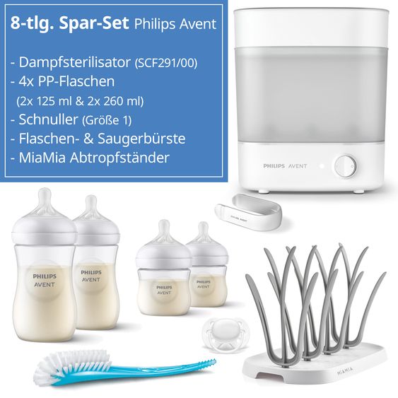 Philips Avent 8-tlg. Starter-Set inkl. Dampfsterilisator 2-in-1 + Abtropfständer + 4 PP-Flaschen + Flaschenbürste + Schnuller