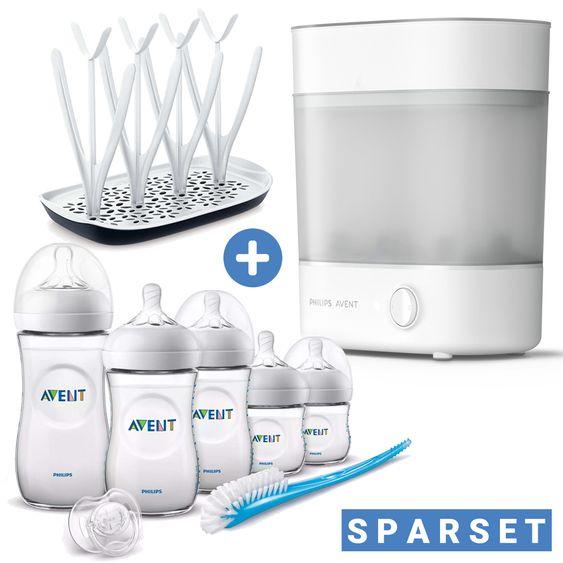 Philips Avent 9-tlg. Starter-Set inkl. Dampfsterilisator 2-in-1 + Abtropfständer + 5 PP-Flaschen + Flaschenbürste + Schnuller
