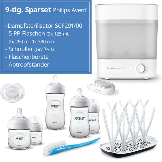 Philips Avent 9-tlg. Starter-Set inkl. Dampfsterilisator 2-in-1 + Abtropfständer + 5 PP-Flaschen + Flaschenbürste + Schnuller