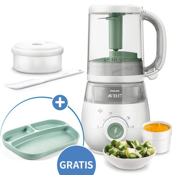 Philips Avent Babynahrungszubereiter 4-in-1 - SCF885/01 + Gratis Silikon-Teller - Salbeigrün