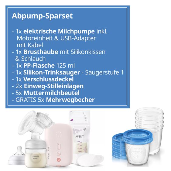 Philips Avent Elektrische Milchpumpe SCF395/31 + Gratis Mehrwegbecher für Muttermilch / inkl. 2 Stilleinlagen & 5 Muttermilchbeutel