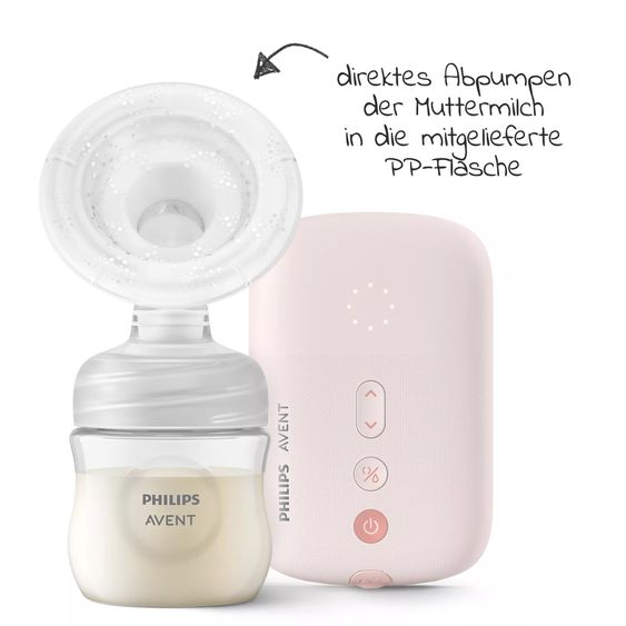 Philips Avent Elektrische Milchpumpe SCF395/31 + Gratis Mehrwegbecher für Muttermilch / inkl. 2 Stilleinlagen & 5 Muttermilchbeutel