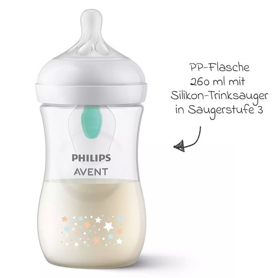 Philips Avent Bottiglia in PP Natural Response 260ml con valvola AirFree + tettarella in silicone 1M+ - Stelle