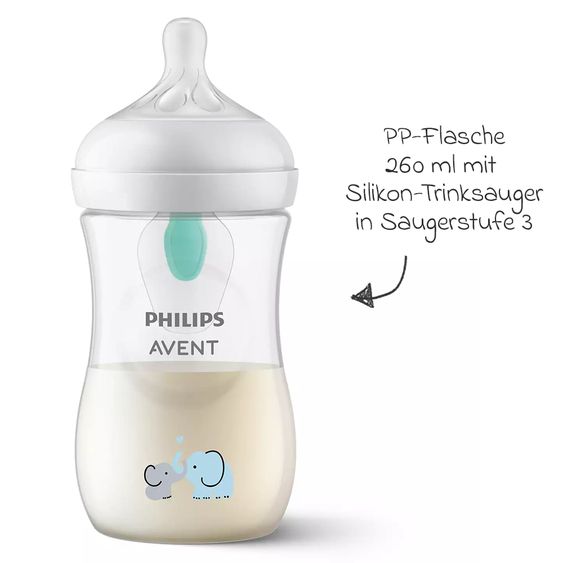 Philips Avent PP bottle Natural Response 260ml with AirFree valve + silicone teat 1M+ - Elephants