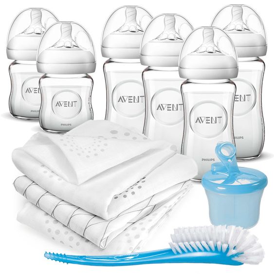 Philips Avent Set di biberon in vetro premium 11 pezzi - 6x biberon + spazzola per biberon + porzionatore di latte in polvere + 3x panni per il rigurgito