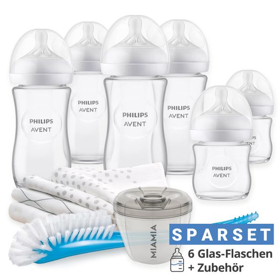 Philips Avent Premium Glass Bottle Set Natural 11-piece set - 6 baby bottles + bottle brush + milk powder dispenser + 3 burp cloths