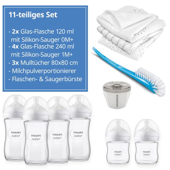 Philips Avent Premium Glass Bottle Set Natural 11-piece set - 6 baby bottles + bottle brush + milk powder dispenser + 3 burp cloths