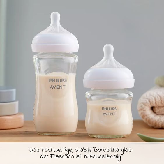 Philips Avent Premium Glass Bottle Set Natural 11-piece set - 6 baby bottles + bottle brush + milk powder dispenser + 3 burp cloths