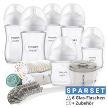 Premium glass bottle set Natural 11 pcs - 6x baby bottles + bottle brush + milk powder scoop + 3x burp cloths Mint