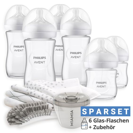 Philips Avent Premium Glas-Flaschen-Set Natural 11-tlg. - 6 Babyflaschen + Flaschenbürste + Milchpulverportionierer + 3 Spucktücher