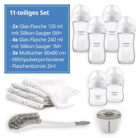 Philips Avent Set di biberon in vetro Premium Natural da 11 pezzi - 6 biberon + spazzola per biberon + paletta per il latte in polvere + 3 panni per il ruttino