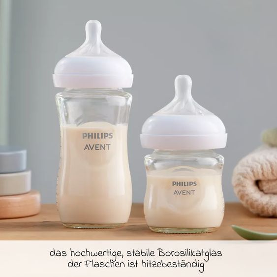 Philips Avent Premium Glas-Flaschen-Set Natural 11-tlg. - 6 Babyflaschen + Flaschenbürste + Milchpulverportionierer + 3 Spucktücher