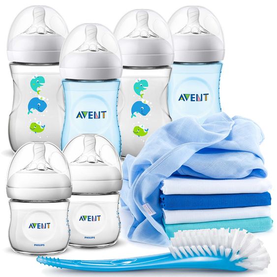 Philips Avent Premium PP-Flaschen-Set 12-tlg. - 6 Babyflaschen + 1 Flaschenbürste + 5 Spucktücher - Boys