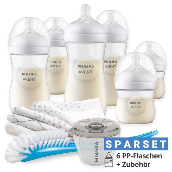 Philips Avent Premium PP-Flaschen-Set Natural 11-tlg. - 6 Babyflaschen + Flaschenbürste + Milchpulverportionierer + 3 Spucktücher
