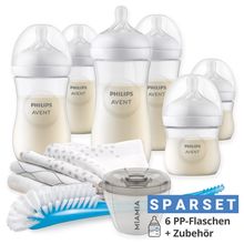 Premium PP-Flaschen-Set Natural 11-tlg. - 6 Babyflaschen + Flaschenbürste + Milchpulverportionierer + 3 Spucktücher