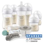 Premium PP-Flaschen-Set Natural 11-tlg. - 6x Babyflaschen + Flaschenbürste + Milchpulverportionierer + 3x Spucktücher Mint